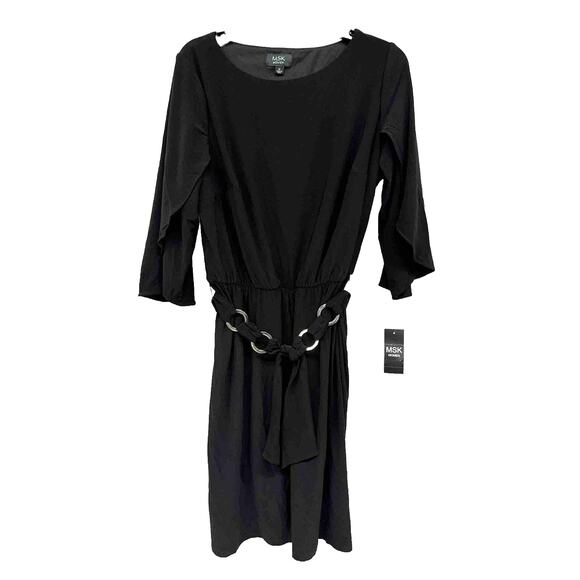 NWT Sz 1X MSK Black Jersey Dress. Metal Accent Belt. Split Tulip Sleeves. - Picture 1 of 6